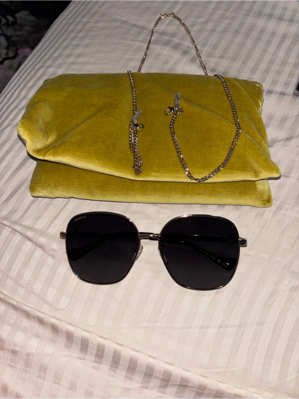 Gucci Black Lens Sunglasses with Yellow-Green Velvet Clutch w/ chain.